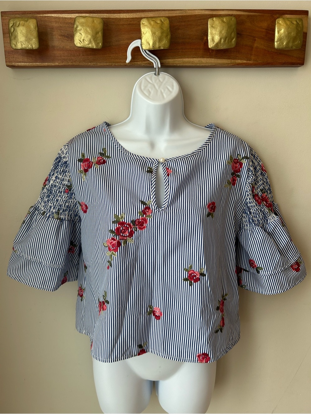 Dizzy Lissy Floral Embroidered Striped Peplum Blouse Medium Cottagecore